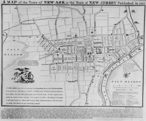 The "Shoemaker Map," a depiction of Newark in 1806. A drawing of a shoemaker appears in the bottom left corner, an indication of the importance of that industry to Newark in the early 19th century.